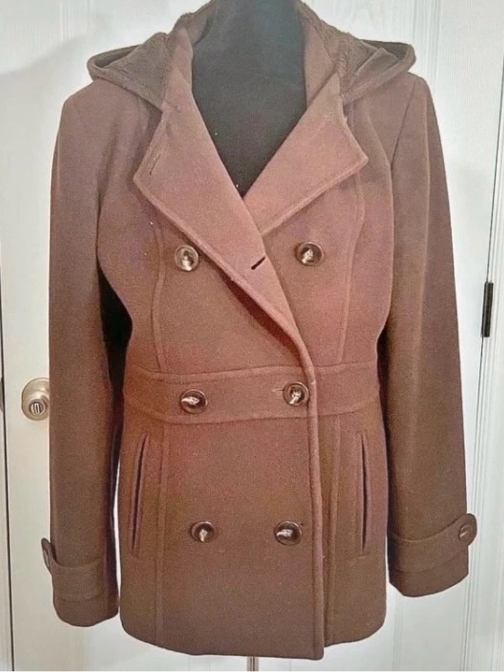 St. John's Bay Brown Double-Breasted Hooded Pea Coat